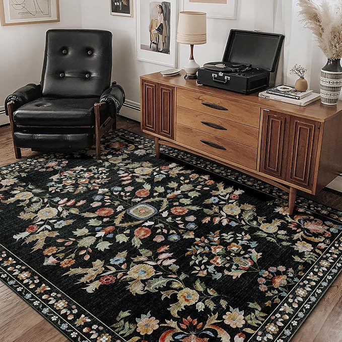 Washable Rug 4x6.5 Floral Area Rugs Non Slip Ultra-Thin | Machine Washable Small Throw Carpet for Bedroom Living Room Office Playroom Floor Indoor Low Pile Boho Vintage Black