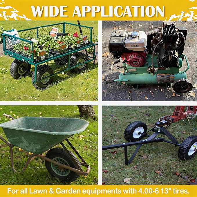 4.00-6 Pneumatic Tire, 13'' Tire and Wheel 330LB Load Capacity, 5/8” & 3/4” Bearings Included, 3.74"-4.74"-6.74"-7.74" Adjustable Centered Hub, for G orilla Carts, Dolly, Hand Trucks, 2 Pack