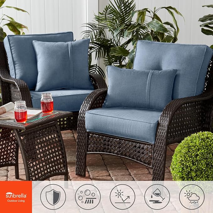 Sunbrella Deep Seat Cushion Set – Seat & Back Cushions for Patio Chairs, Sofas & Loveseats – Fade Resistant Outdoor Fabric, Ties, Zippered Cover, Cord Trim, Spectrum Denim
