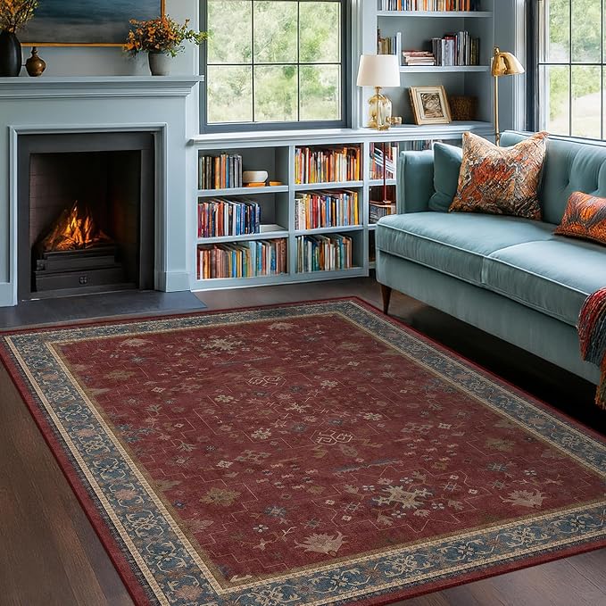 5x7 Boho Dark Red Rug for Living Room - Vintage Oriental Revival Low-Pile Carpet for Bedroom, Dining Table, Home Office, Machine Washable Area Rug Non-Slip with Rubber Back