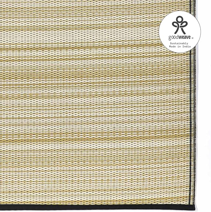 Fab Habitat Outdoor Rug - Waterproof, Fade Resistant, Crease-Free - Premium Recycled Plastic - Striped - Porch, Deck, Balcony, Mudroom, Laundry Room, Patio - Cancun Shadow - Sand & Black - 3 x 5 ft