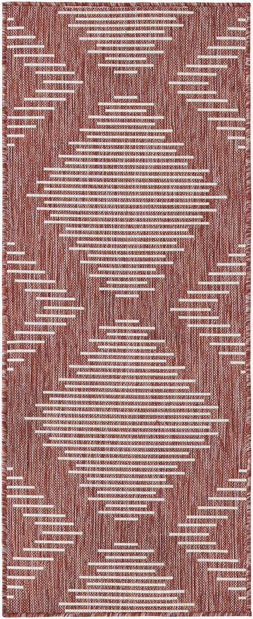 Unique Loom Outdoor Modern Collection Area Rug - Tambor (2' x 5' 1" Runner, Rust Red/ Ivory)