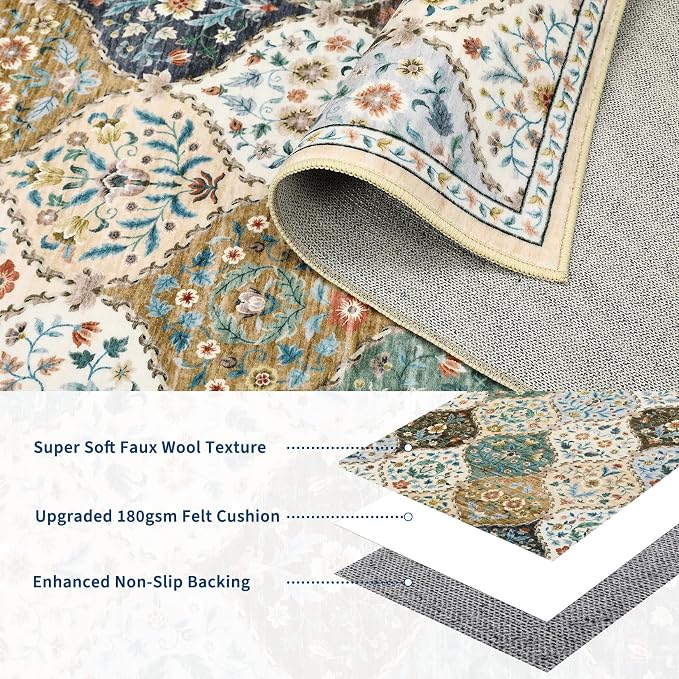ROYHOME Machine Washable Rug Trellis Distressed Non-Slip Area Rugs | Stain Resistant Floor Carpet Vintage Floral Accent Rug Farmhouse Floor Cover for Dining Room Bedroom, Beige/Taupe, 4' x 6'