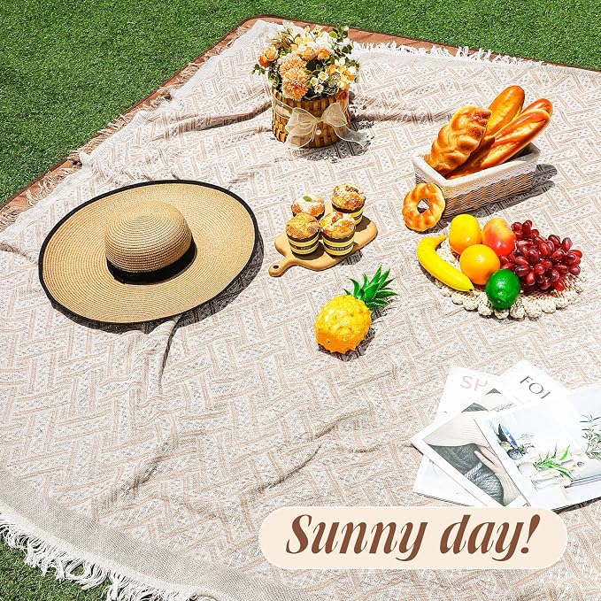 VitalCozy Waterproof Picnic Blankets 71×71 inch Outdoor Blanket Foldable 2 in 1 Double Layer Sandproof Beach Mat with Carry Strap for Camping Lawn Park Beach Grass(Khaki)