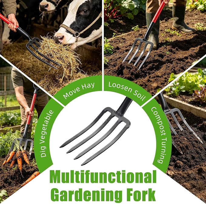 Pitch Fork for Hay, Heavy Duty Pitchfork for Garden, Metal Broadfork Yard Garden Tools Long Handle for Gardening Digging, Mulching 43 inch