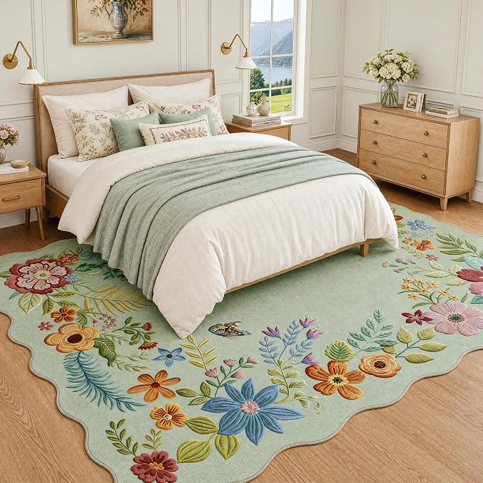 FMFUNCTEX 8x10 Washable Mint Green Boho Scalloped Area Rug for Living Room | Floral Vintage Flower Colorful Traditional Soft Distressed Non Slip Low Pile Large Indoor Carpet Dining Bedroom Nursery