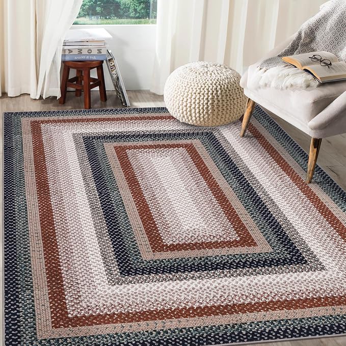 RUGSREAL 9x12 Braided Rug Washable Non Slip Living Room Bedroom Area Rugs | Modern Braid Printed Large Dining Room Rug with Rubber Backing Farmhouse Accent Carpet for Home Decor Office, Olive/Brown