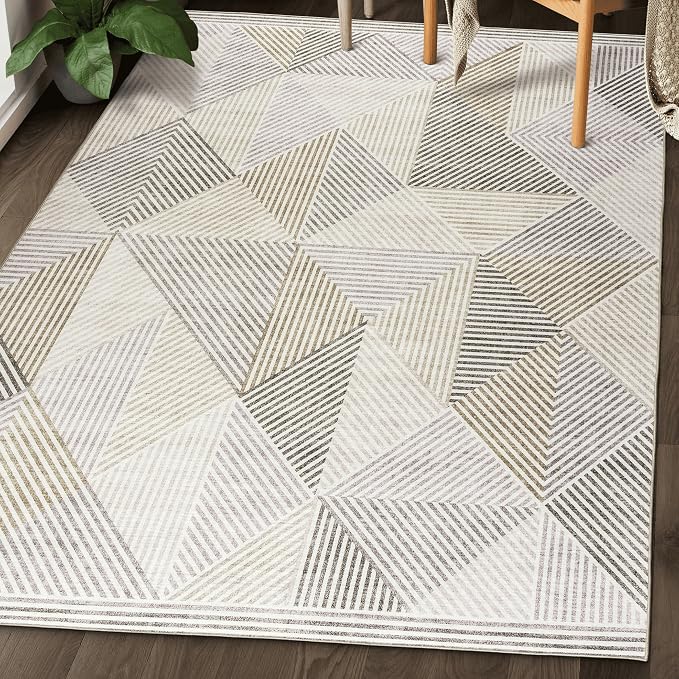 Machine Washable Area Rug Runner - Living Room Bedroom Bathroom Kitchen Entryway Office - Padded Low Pile Stain Resistant Premium - Modern Geometric Contemporary - Miles - Beige 3' x 5'