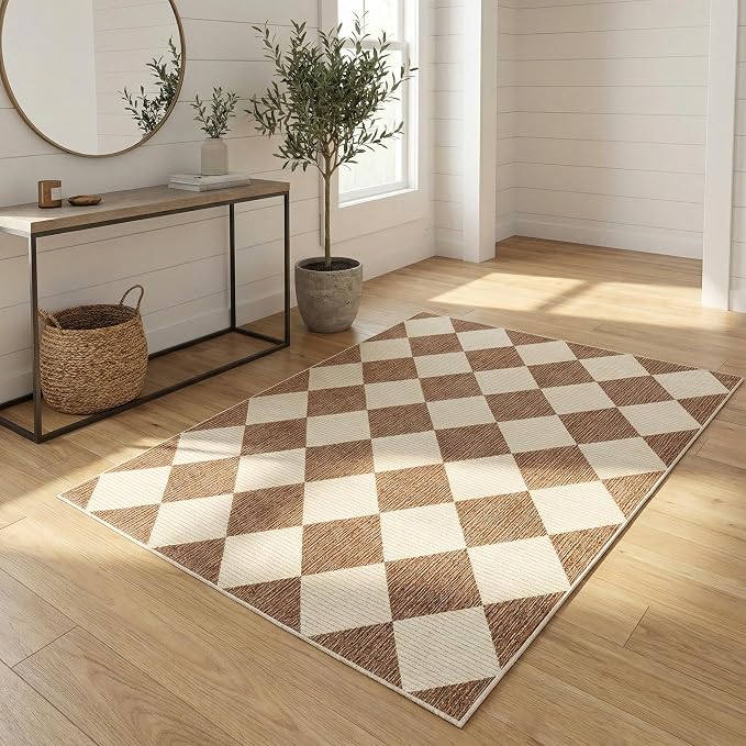 GarveeHome 3x5 Checkered Area Rug Non Slip Washable Entryway Bedroom Rug | Modern Geometric Plaid Brown Carpet Classic Throw Mat for Kitchen Bedside Kids Room Office Dining Room