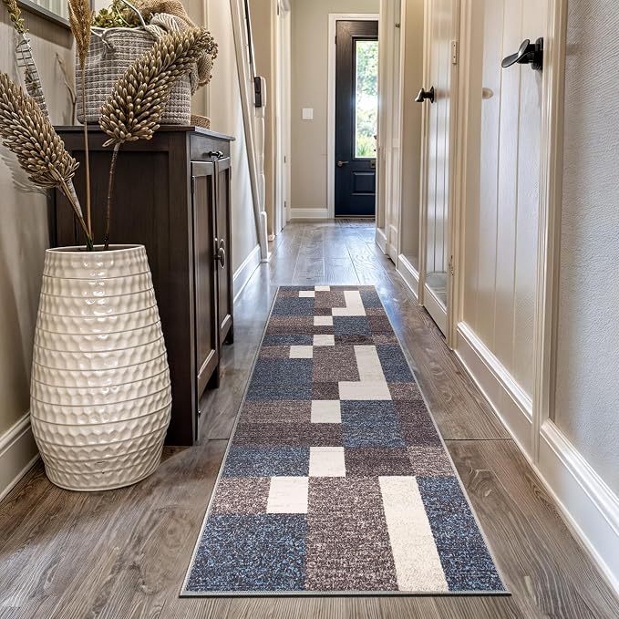 Rugshop Modern Boxes Non-Slip Geometric Runner Rug Blue 2'7" x 10' | Rectangular, Size 2'7" x 10', Living Room, Bedroom, Dining Room, Home Office, Kitchen, Entryway, Hallway, Nursery, Kids Room