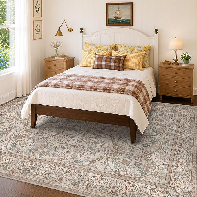 Vintage Moss Green Floral Living Room Area Rug 8x10, Washable Non Slip Neutral Taupe Rug for Bedroom, Low-Pile Large Stain Resistant Carpet for Dining Room