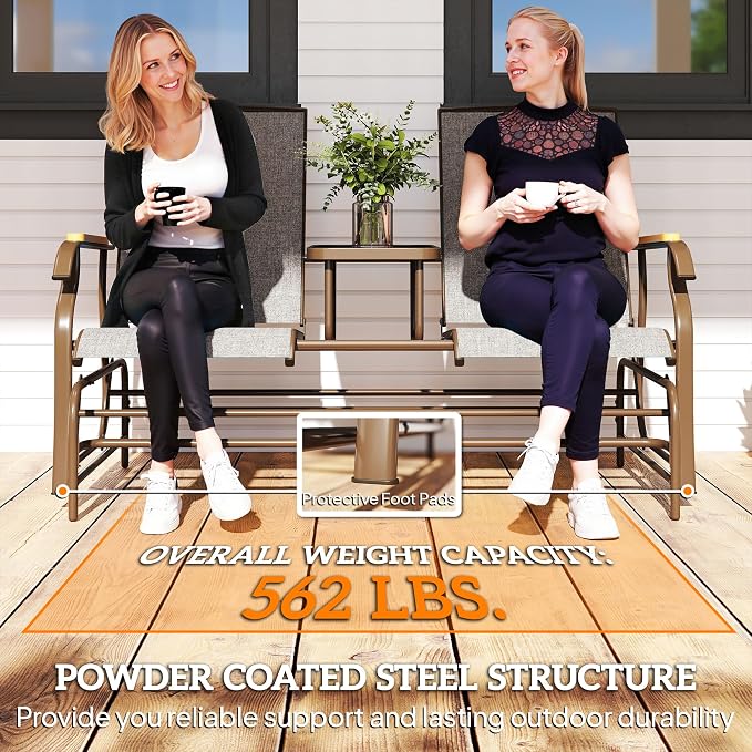Outsunny 2 Person Outdoor Glider Bench, Patio Swing Glider Chair Loveseat with Breathable Mesh, Table, Steel Frame for Garden, Backyard, Porch, Light Mixed Brown