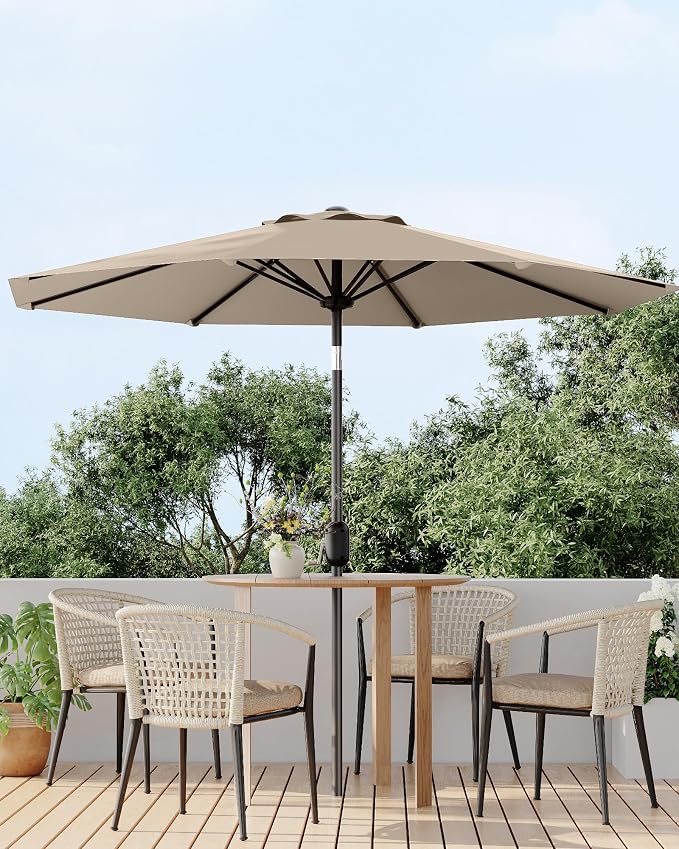 GarveeLife 10 ft Patio Umbrella, Outdoor Table Market Umbrella with Push Button Tilt and Crank, 8 Sturdy Ribs UV Protection Waterproof for Garden, Deck, Backyard, Pool (Tan)