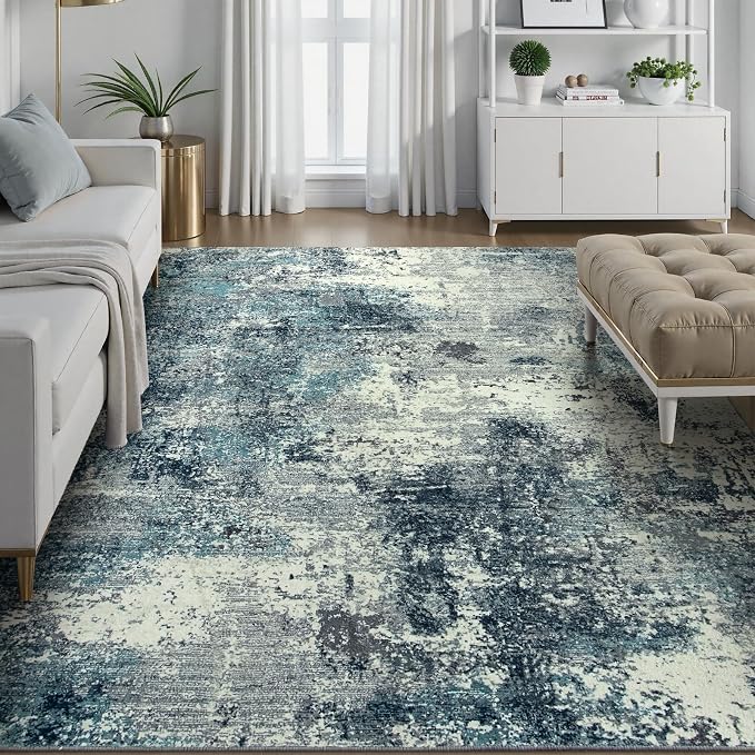 Lahome Abstract 8x10 Area Rugs,Washable Blue Grey Living Room Rug Non-Slip,Low-Pile Soft Modern Bedroom Floor Carpet Indoor for Dining Room Kids Playroom (Teal/Blue)