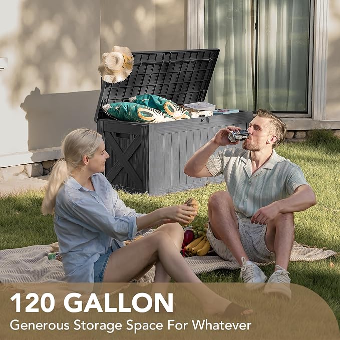 Devoko 120 Gallon Deck Box Resin Outdoor Storage Box Waterproof for Patio, Large Outdoor Storage Bench Lockable for Outside (Grey)