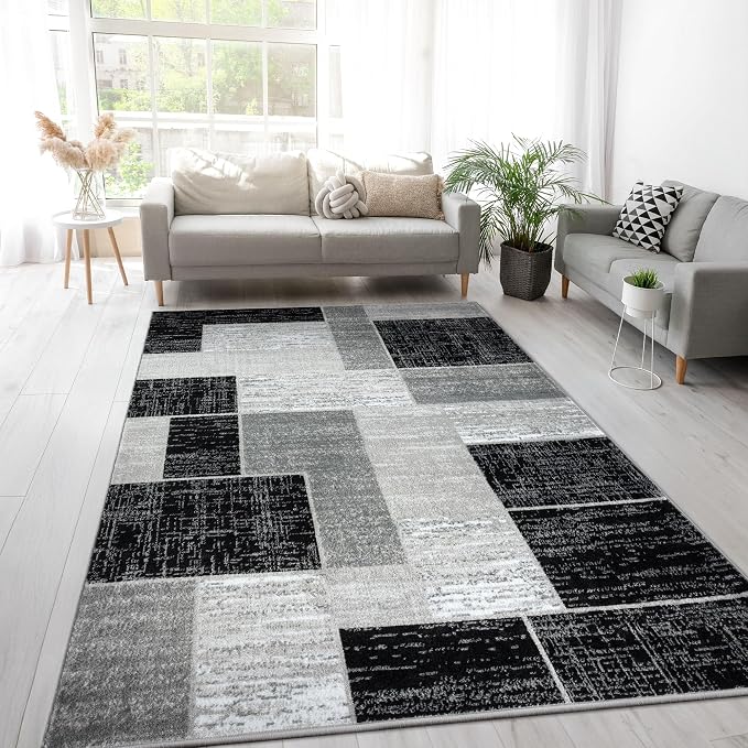 L'Baiet Verena Geometric Area Rug Black Grey 5' x 7' Medium Area Rugs Carpet for Living Room, Bedroom, Dining Table, Office, Hallway, Foyer | Neutral Colorful Modern Abstract Home Decor