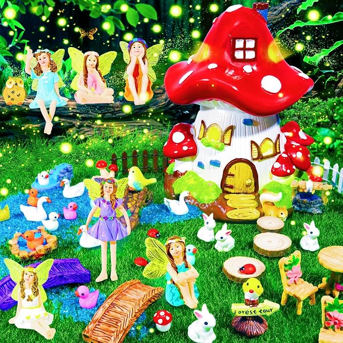 50 Pcs Fairy Garden Accessories Kit Miniature Mushroom House & Fairy Figurines Micro Landscape Kit with Animals & Furniture for DIY Crafts Outdoor Garden Mini House Decor Birthday Gift