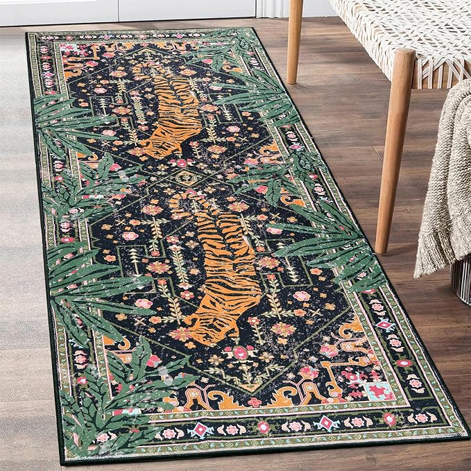 Oriental Tropical Hallway Runner Rug 2x8 Washable, Thin Stain Resistant Black Boho Runner Rug for Entryway Kitchen Bedroom Laundry, Vintage Abstract Hippie Botanical Long Floor Carpet