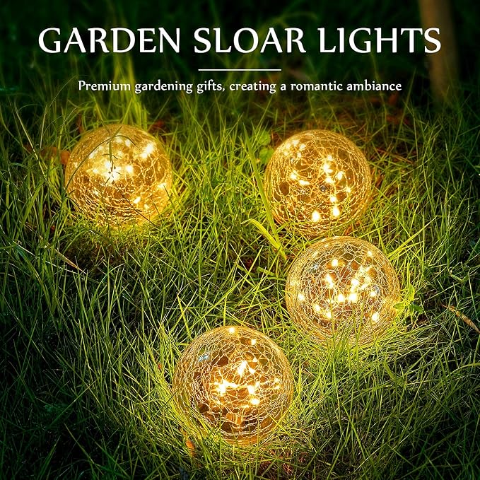 Honoson 4.7 Inch Solar Globe Lights Outdoor - Waterproof Cracked Glass Balls for Lawn Patio Yard Backyard Decorations, Warm Yellow Solar LED Lights with Easy Installation,Durable Design (4 Pcs)