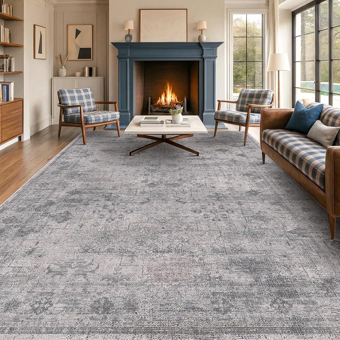 Modern Cement Grey 8x10 Large Area Rugs for Living Room, Minimalist Neutral Abstract Distressed Washable Ultra Soft Rug for Bedroom Under Bed, Stain Resistant Low Pile Anti-Slip