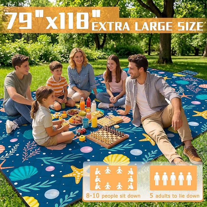 79" x 118" Picnic Blanket Extra Large,Waterproof Sandproof Foldable Outdoor Blanket Beach Blanket Ocean Picnic Mat for Camping,Lawn,Park(Shell)
