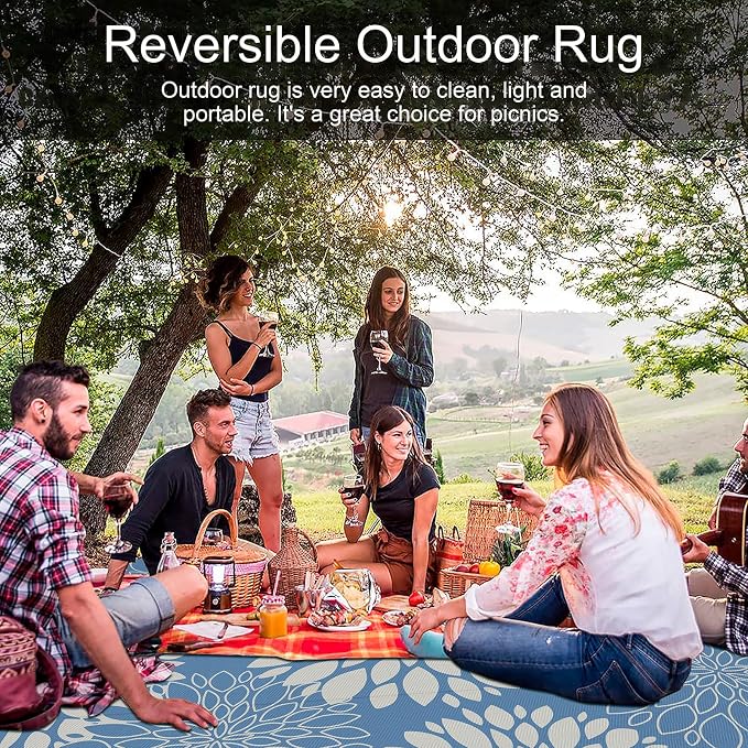 Ileading Waterproof Outdoor Rug 8x10, Reversible Plastic Straw Patio Rug, Portable Indoor Outdoor RV Camping Mat Carpet for Deck, Porch, Balcony, Backyard, Picnic, Floral Dusty Blue