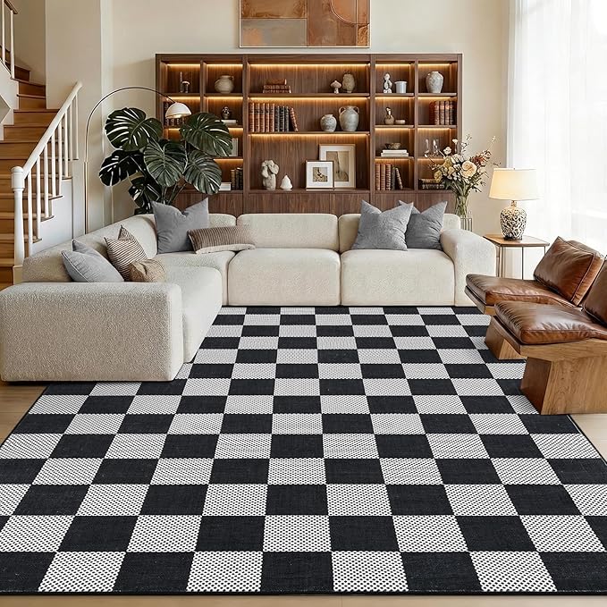GarveeHome Checkered Black and White 6x9 Washable Rug Low-Pile for Bedroom | Non-Slip Black and White Soft Stain Resistant Rug for Bedroom Bathroom Living Room Geometric Modern Rug TPE Backing