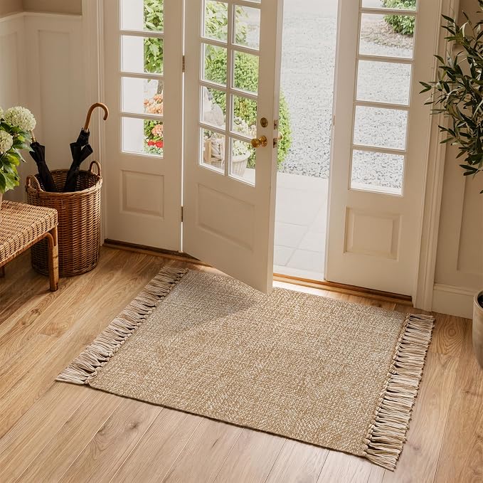2' x 4.3' Indoor Outdoor Rug, Modern Farmhouse Kitchen Runner Rugs | Boho Hand-Woven Bathroom Mat, Soft Washable Front Door Mats, Low Profile Entry Rug for Laundry Bedroom Porch Decor, Tan/Cream