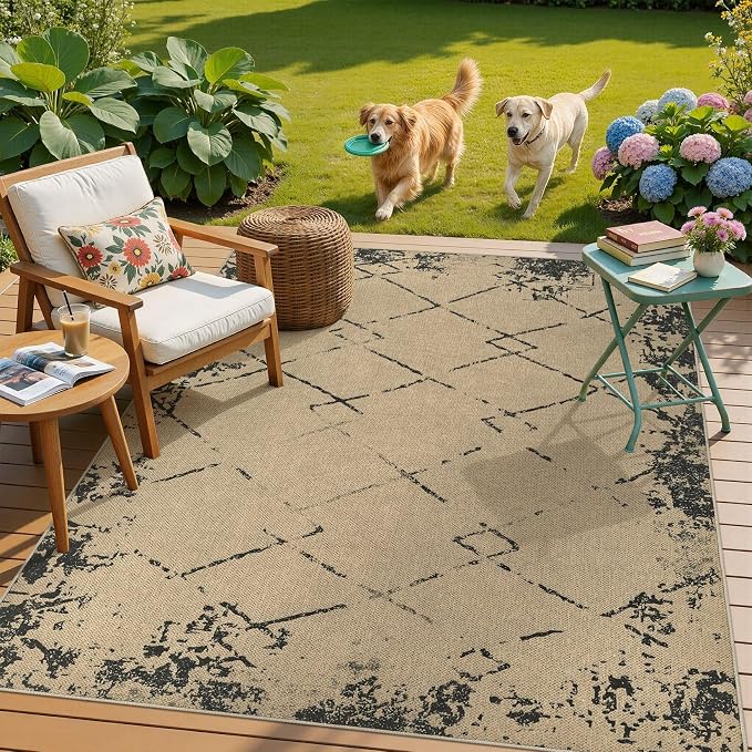 UERMEI 4x6 Outdoor Jute Area Rug Patio Neutral Washable Modern Brown | Easy Non Slip Pet Friendly Indoor Farmhouse Carpet for Living Room Bedroom Dining Backyard