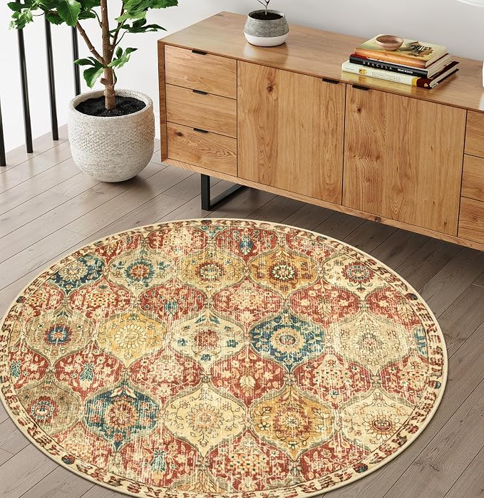 Lahome Moroccan Washable Round Rugs, Non-Slip Soft Round Rug 4ft Ultra-Thin | Trellis Small Vintage Circle Carpet for Entryway Kitchen Bedroom Nursery Bathroom Elise, Red Orange