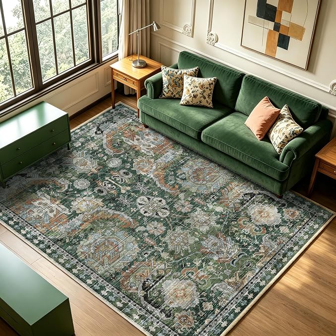 Washable Area Rugs - Perfect for Living Room, Bedroom, Kids Room, Nursery - Stain & Water Resistant Non-Slip, Pet & Child Friendly, Vintage Tribal Area Rugs (Green, 6' x 9')