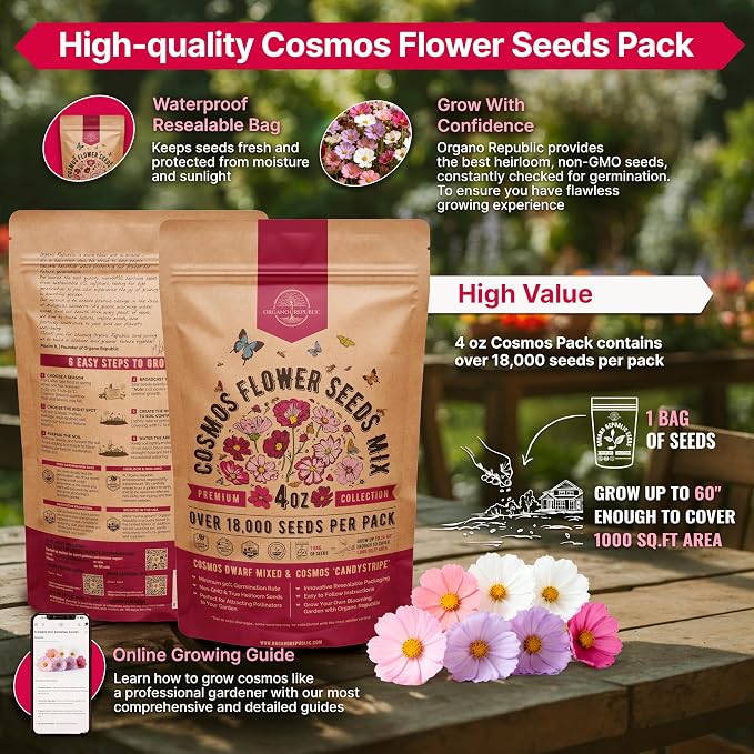 Cosmos Flower Seeds Pack 4 oz - 18,000 Non-GMO Heirloom Annual Seeds for Planting Indoor & Outdoor Gardening, Flower Seed for Garden in Resealable Packet, Floral Mix for Pollinators Perennial Mix