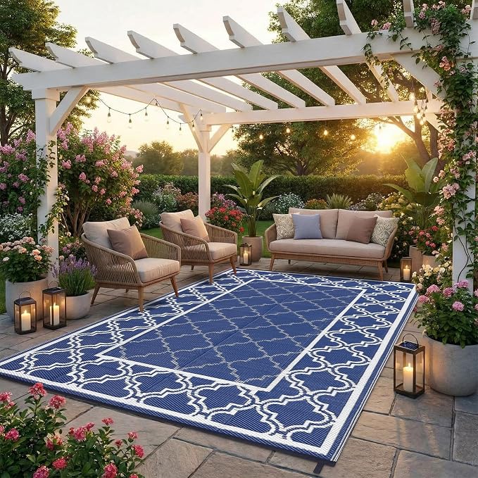 Garvee Reversible Outdoor Rug 8x10, Waterproof Outdoor Plastic Straw Rug with Interlacing Pattern, RV Mat for Picnics, Patio, Camping, Balcony, Deck, Backyard, Porch, Blue