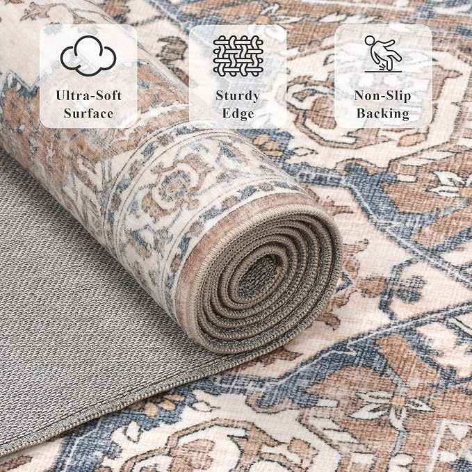 2x6 Vintage Runner Rug Low Pile Non-Slip Washable Hallway Rug | Retro Print, Non-Shedding, Soft Washable Neutral Carpet, Stain Resistant Runner, for Hallway Kitchen Bedroom Laundry Room