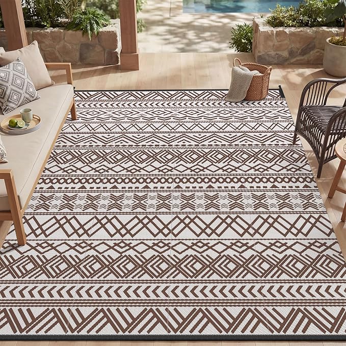 MontVoo Outdoor Rug 8x10 Waterproof Outdoor Patio Rug Mat Reverisble Plastic Straw Outdoor Rug for RV Camping Picnic Beach Balcony Boho Beige Brown