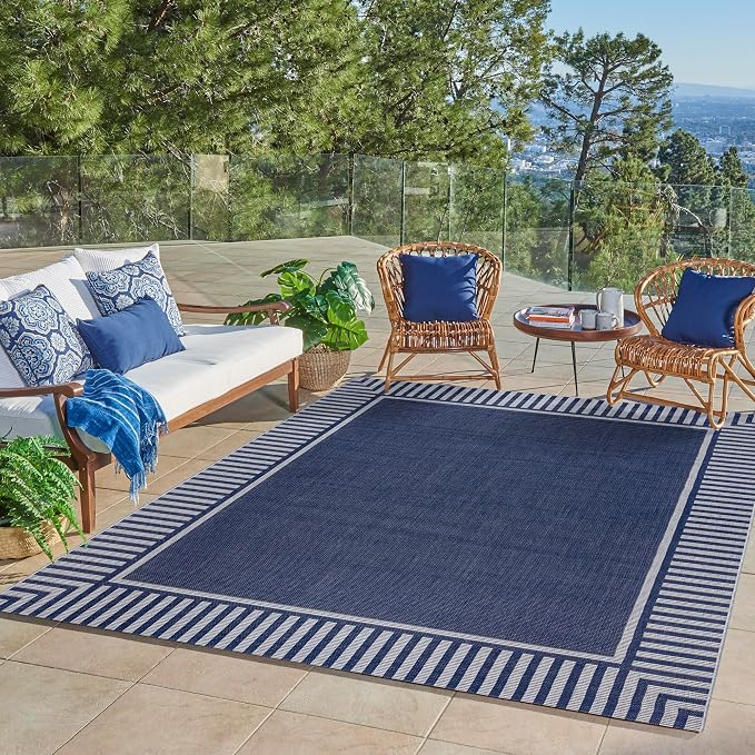 Gertmenian Indoor/Outdoor Flatweave Area Rug - 5x7 Standard, Stain & UV Resistant, Quick-Drying, Ideal for Deck, Patio, Poolside, Mudroom - Klano Striped Navy, Gray, 28009