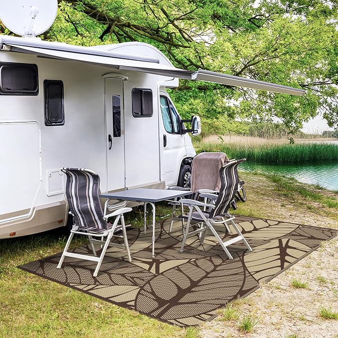 GENIMO Outdoor Rug 6' x 9' Waterproof for Patio Clearance, Reversible Plastic Straw Camping Carpet, Lightweight Mat for Rv, Camper, Deck, Porch, Picnic, Balcony, Beach,Dark Coffee & Beige