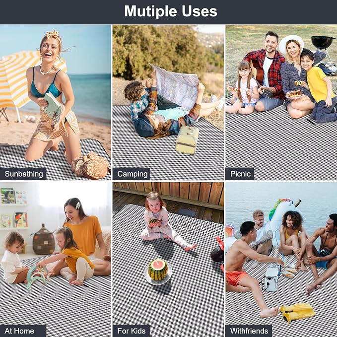 Extra Large Picnic Blanket,78” × 78” Large Camping Blanket,with Handle,Waterproof and sandproof Bottom,Machine Washable,Outdoor Foldable Hiking Blanket，Portable and Easy to Clean (Blue Grid)