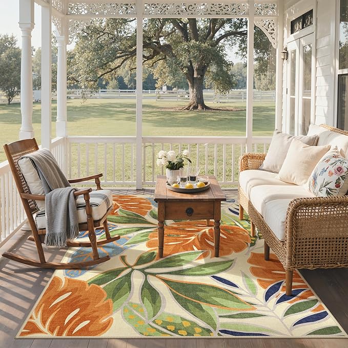 GENIMO Outdoor & Indoor Area Rug 8'x10', Waterproof, Non-Shedding, Easy Cleaning, Leaf Mat for Patio, Living Room, Balcony, Dining Room, RV, Deck, Bedroom, Camping, Outside Carpet, Rust Sage