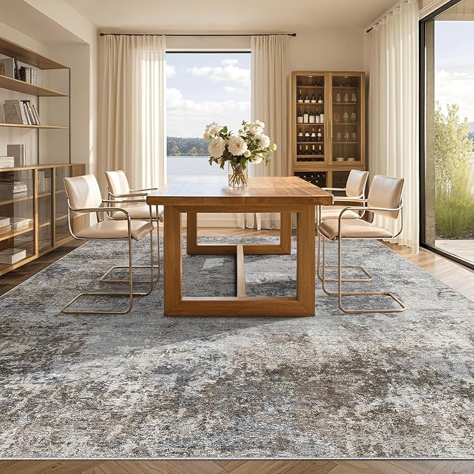 Tortania Washable 10x14 Area Rug for Living Room: Modern Abstract Neutral Large Soft Thin Rugs - Non Slip Indoor Carpet for Bedroom Dining Room Office Nursery Home Floor Decoration - Ash Taupe