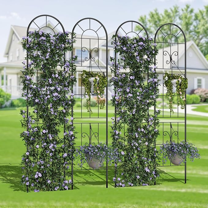 Garvee 55"x11" Metal Garden Trellis Panel (4-Pack), Black Rustproof Narrow Plant Support for Climbing Roses, Vines, Vegetables, Indoor & Outdoor Decorative Fence