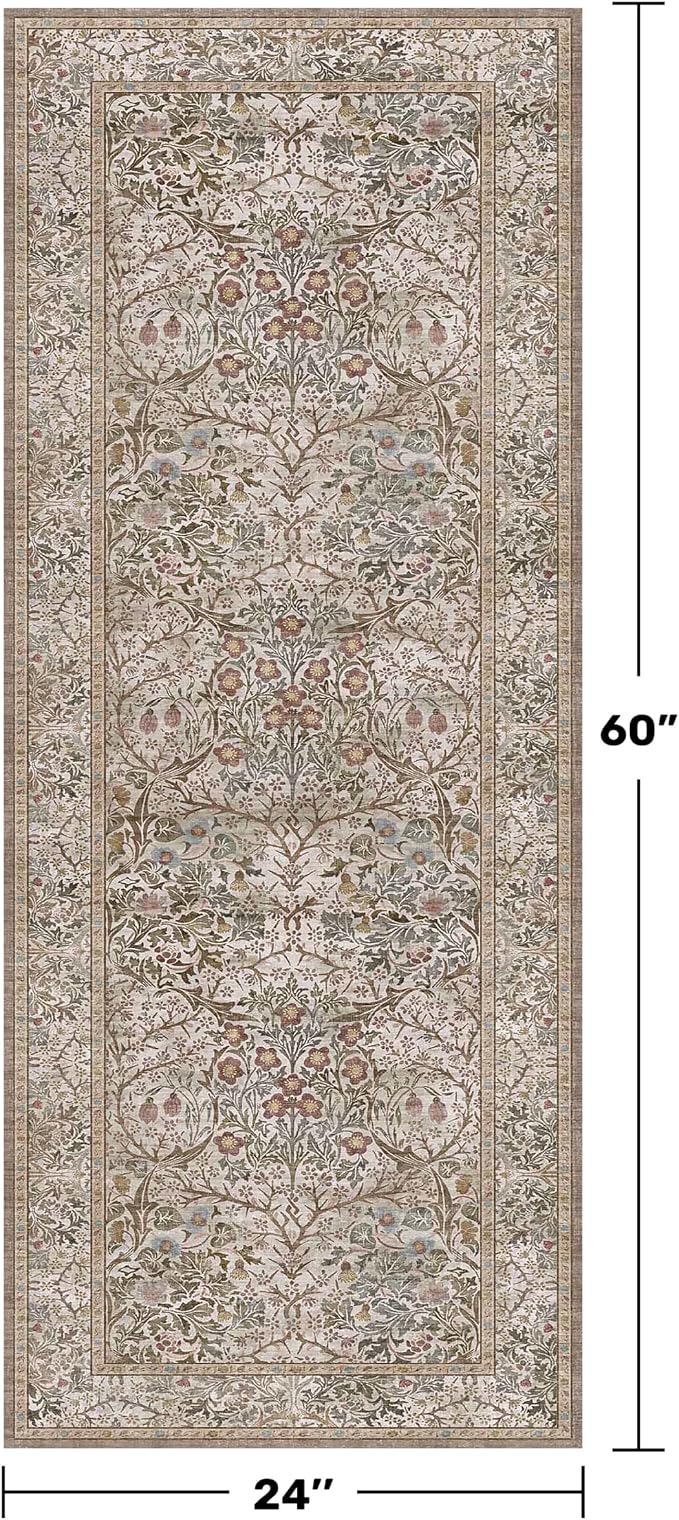 Moss Green 2x5 Bathroom Rug Runners Non Slip Washable - Neutral Runner Rug for Kitchen Floor, Bedroom, Laundry Room, Hallway - Thin Vintage Oriental Taupe Bathroom Rugs Stain Resistant