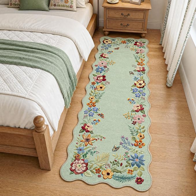 FMFUNCTEX 2x6 Hallway Runner Rug Washable Mint Green Scalloped Floral Boho | Vintage Non Slip Flower Colorful Traditional Low Pile Pattern Indoor Carpet Entryway Rugs Kitchen Bedroom Laundry Bedside