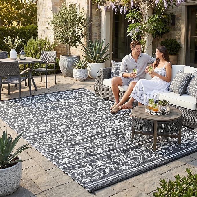 Garvee Outdoor Rugs 8x10 Waterproof Reversible Mat Boho Leaf Patio Rug with 4 Stakes and Starage Bag, Large Outdoor RV Mat Rugs for Camping, Picnic, Balcony, Deck, Backyard, Grey & White