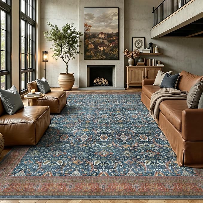 8x10 Area Rugs for Living Room - Washable Vintage Retro Large Rug, Soft Ultra Thin Non Slip Low Pile Traditional Distressed Boho Carpet for Bedroom Dining Room Home Office, Navy Rust