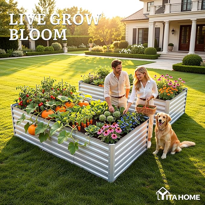 YITAHOME 8x4x2 ft Galvanized Raised Garden Bed Kit, Large Metal Planter Box with Gloves, Safety Rubber & Support Rod, Outdoor Flower Bed for Plants Vegetables, Silver Gray