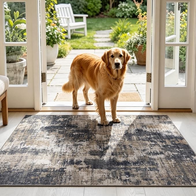 Sasttie 3x5 Entryway Area Rug, Modern Abstract Small Carpet, Black & Beige | Machine Washable, Ultra-Soft Faux Wool, Non-Slip, Low Pile, Throw, Thin, for Entrance, Door-Mat, High-Traffic Areas