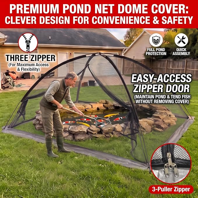 Pond Cover Net - Heavy Duty Nylon Dome Mesh with Zippers - 5x7FT Protector for Garden Pond Koi Fish and Plants - Birds & Leaves Animals Barrier