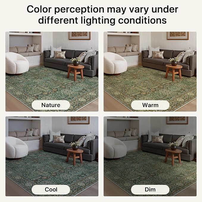 5ft Round Area Rug 5x5, Washable Non Slip, Forest Green | Vintage Floral Circle Design, Spill Resistant Lightweight Low Pile Non-Shedding Carpet for Bedroom, Nursery, Kitchen