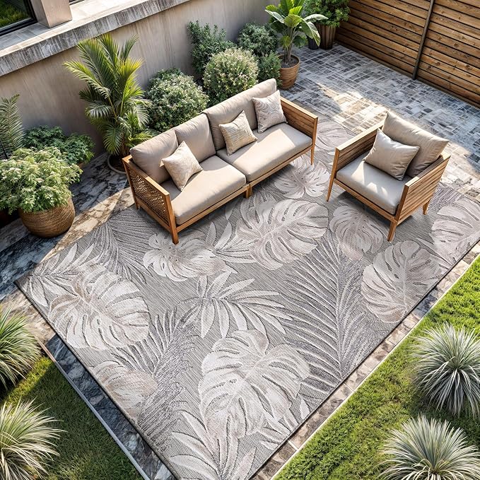 CAMILSON Indoor Outdoor Rug, Beige 7’10”x10’ Leaf Tropical Botanical Area Rugs for Indoor and Outdoor patios, Easy-Cleaning Non-Shedding Living Room, Garden and Kitchen Washable Outside Carpet (8x10)